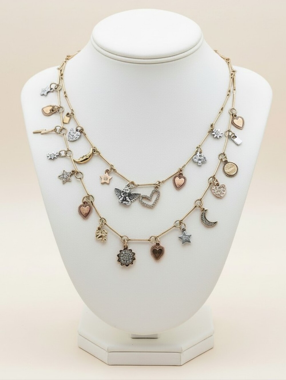 Celestial Heart Moon Star Angel Charm Station Layered Necklace